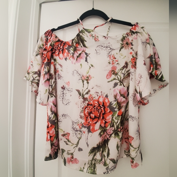 DEX floral cold shoulder halter neck chiffon top - Picture 2 of 3